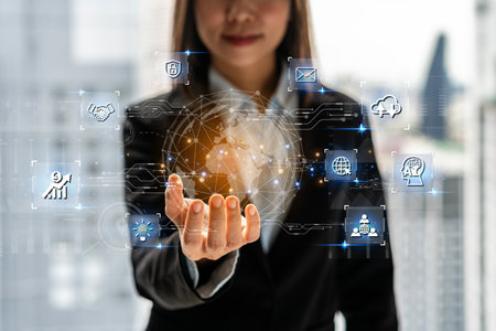 Businesswoman using smart devices for Digital technology connection and marketing, global internet network, cloud computing and AI Artificial intelligence conceptの写真素材