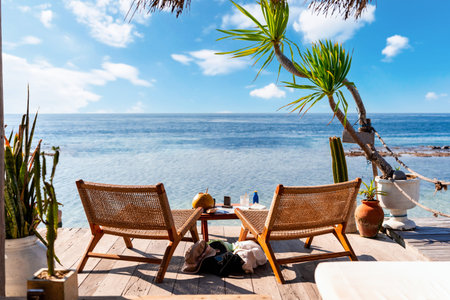 Empty beach chair with tropical beach and sea view, Summer vacation and Travel concept