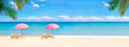Tropical beautiful white sand beach with sun bed and blue sky background, Summer vacation concept and copy space, Banner panoramaの写真素材