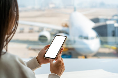 Young Asian woman traveler using smart phone while waiting for her flight at the airportの写真素材