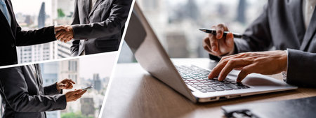 Businessman working with smart devices in the office with skyscraper backgroundの写真素材