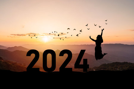 Young woman enjoying and celebrating New Year 2024 with the beautiful sunrise sky and landscapeの写真素材