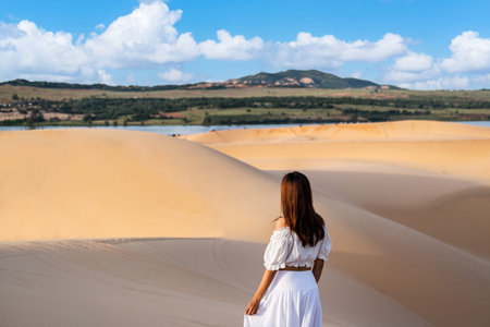 Young woman traveler enjoying at white sand dunes in Vietnam, Travel lifestyle conceptの写真素材