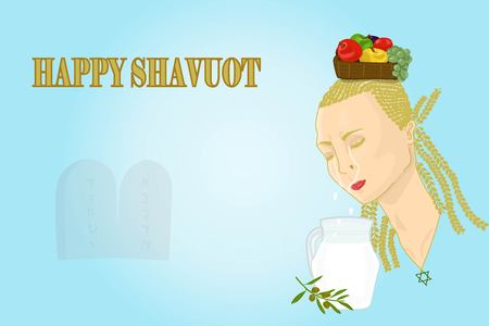 Shavuot illustration containing mother nature as a woman with wheat as her hair and providing milk and fruits.のイラスト素材