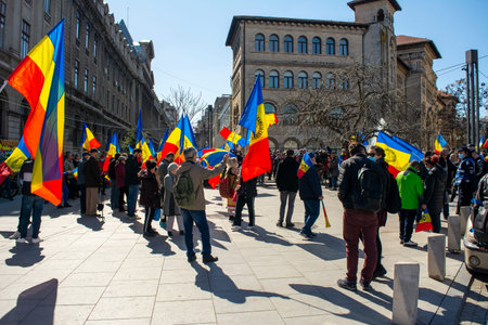 10th April 2021- Bucharest, Romania: Protests at the University against the Covid pandemy restrictions and against the minister Vlad Voiculescu.のeditorial素材