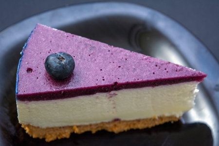 Unbaked blueberry cheesecake on an empty space with close ups