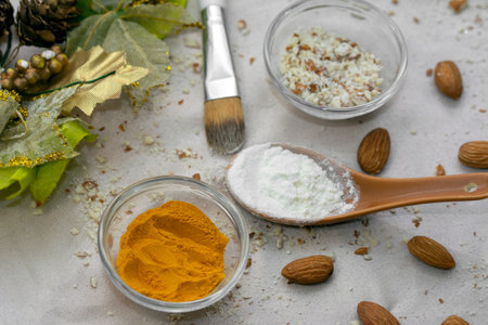 Organic, homemade face pack with almond powder, turmeric powder and flour for instant glow and...