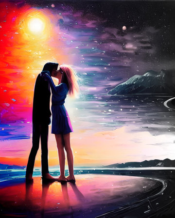 A kiss bringing color to the surrounding galaxyの写真素材