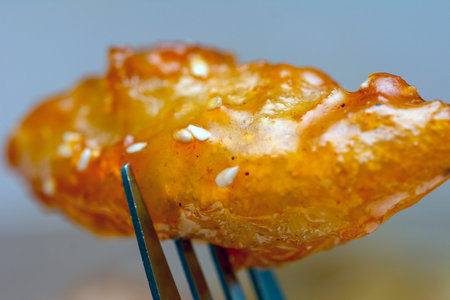 Chicken meat dipped in an orange sauce crust with noodles as garnishの写真素材