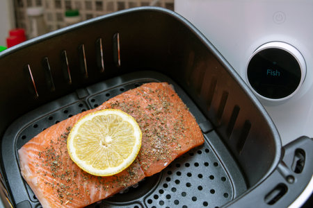 Salmon with lemon made in an air fryerの写真素材