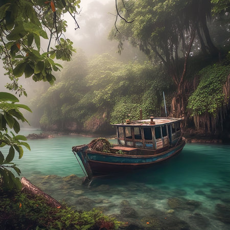 Old boat next to a tropical islandの素材