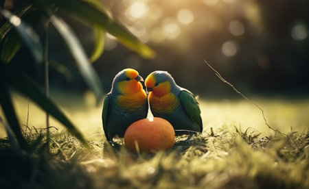Two lovebirds are sitting on the grass and holding an orange.の素材