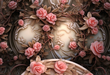 Pink roses on victorian columns- ai generatedの素材