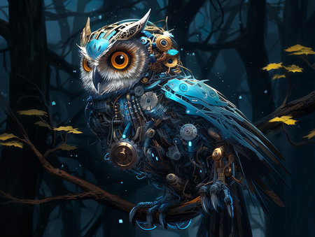Cyberpunk type of cute owl at night - ai generatedの素材