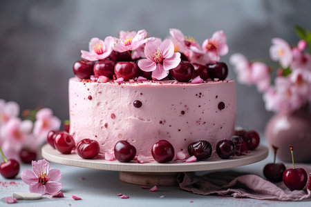 Cherry-studded cake with almond flavor decorated it with edible flowers for a visually stunning and delicious dessert. - ai generatedの素材