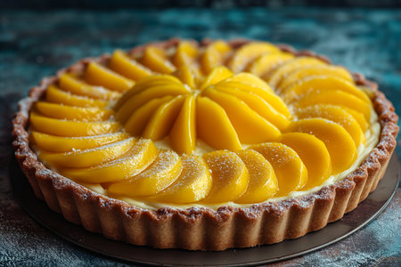 Tropical inspired tart with almond, coconut cream filling and fresh mango slices - ai generatedの素材