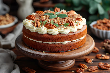 Spiced carrot cake topped with cream cheese frosting and chopped nuts - ai generatedの素材