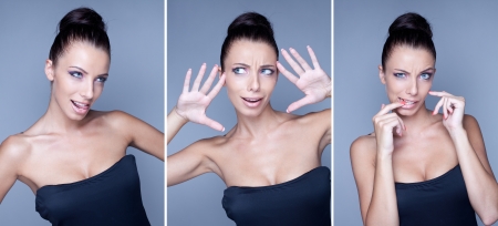 collage of beautiful brunette woman with blue eyesの写真素材