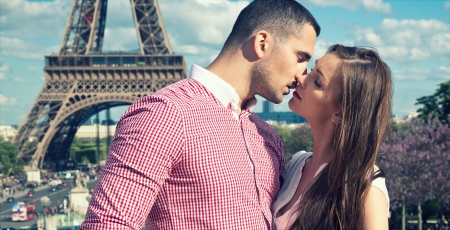 Loving couple in romantic cityの写真素材