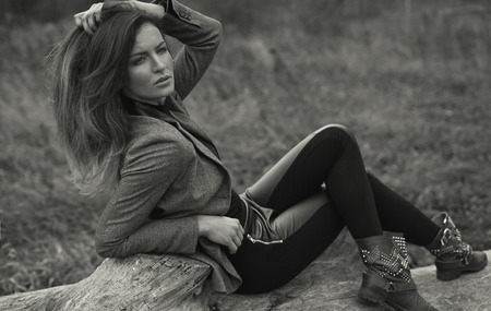 Black and white photo of fashion model outdoorの写真素材