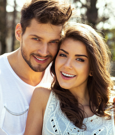 Summer portrait of beautiful happy coupleの写真素材