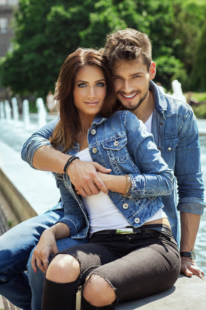 Beautiful happy couple looking at the cameraの写真素材