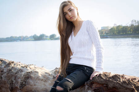 Unusual blond girl with long hairの写真素材
