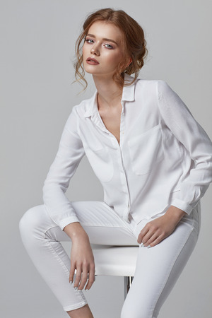 Beauty portrait of fashionable female modelの写真素材