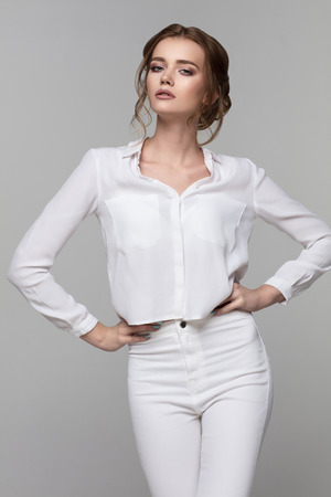 Beautiful female model with porcelain faceの写真素材