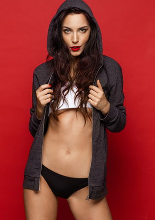 Beautiful woman wear hoodieの写真素材