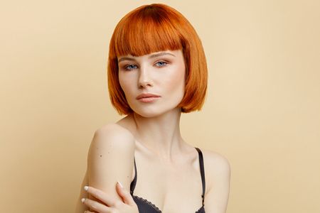 Beauty portrait of female model with natural skin textureの写真素材