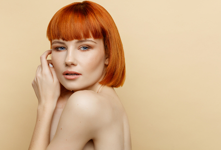 Beauty portrait of female model with natural skin textureの写真素材