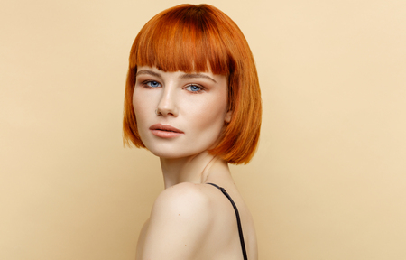 Beauty portrait of female model with natural skin textureの写真素材