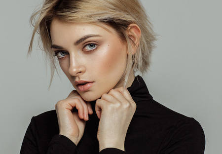 Portrait of female model face with natural skinの写真素材