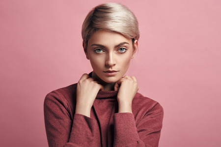 Portrait of fashion woman with blond short hairの写真素材