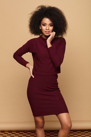 Beautiful african american woman with an afro hairstyle isolated on studio background with copy spaceの写真素材