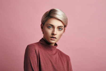 Portrait of fashion woman with blond short hairの写真素材