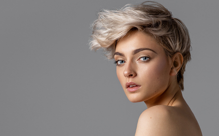 Beauty portrait of fashion young model with short hairの写真素材