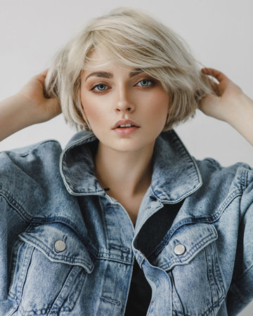 Portrait of fashion blonde woman touching short hair wear denim jacketの写真素材