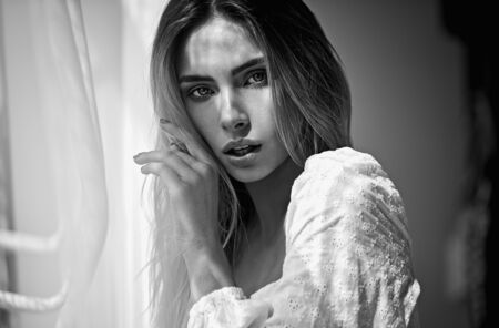 Black and white portrait of young womanの写真素材