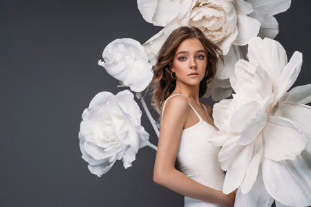 Portrait of beautiful young woman surrounded by flowersの写真素材
