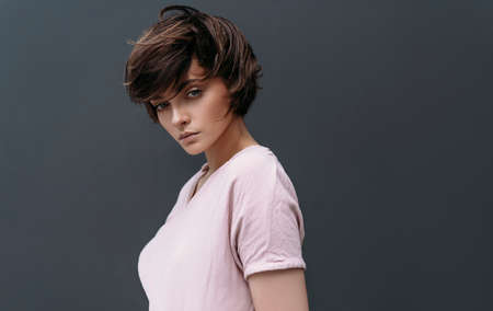 Portrait of young model with short hairの写真素材