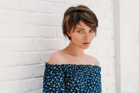 Beauty portrait of young model with short hairの写真素材