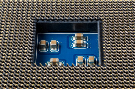 Socket on the computer motherboard designed to install the processor, macro photo side view