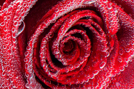 Red rose petals covered with bubbles under waterの写真素材
