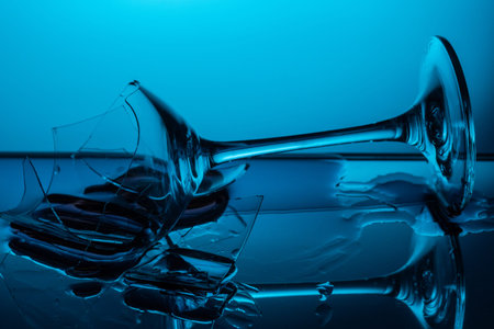 Broken wineglass lies on a glass mirror table in a blue backgroundの写真素材