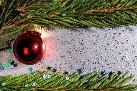 a silver background sprinkled with bright stars and glitter and on which spruce twigs and a Christmas redの写真素材