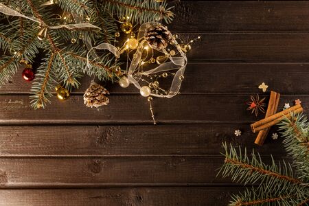Christmas background on a wooden table with toysの写真素材