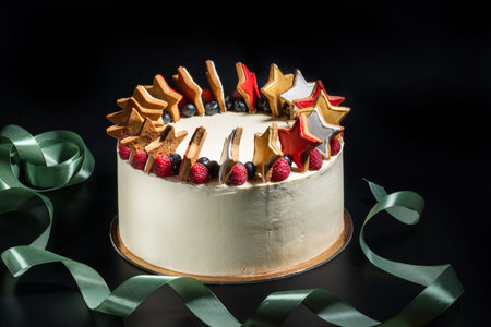 white cake with multi-colored stars blueberries and raspberries on a black background with a green...