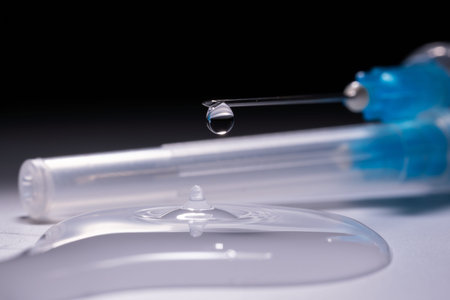A medical syringe with a vaccine dripping from a needle. Reflection in a drop. Close-up.
